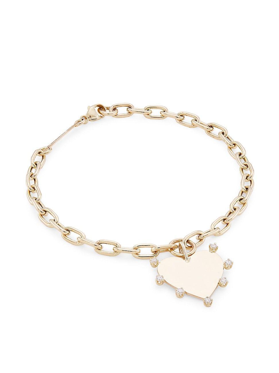 Womens Prong Diamonds 14K Yellow Gold & 0.14 TCW Diamond Heart Charm Bracelet Product Image