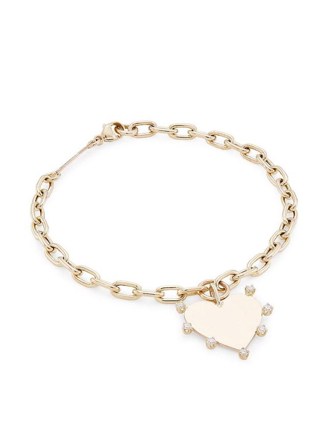 Womens Prong Diamonds 14K Yellow Gold & 0.14 TCW Diamond Heart Charm Bracelet Product Image