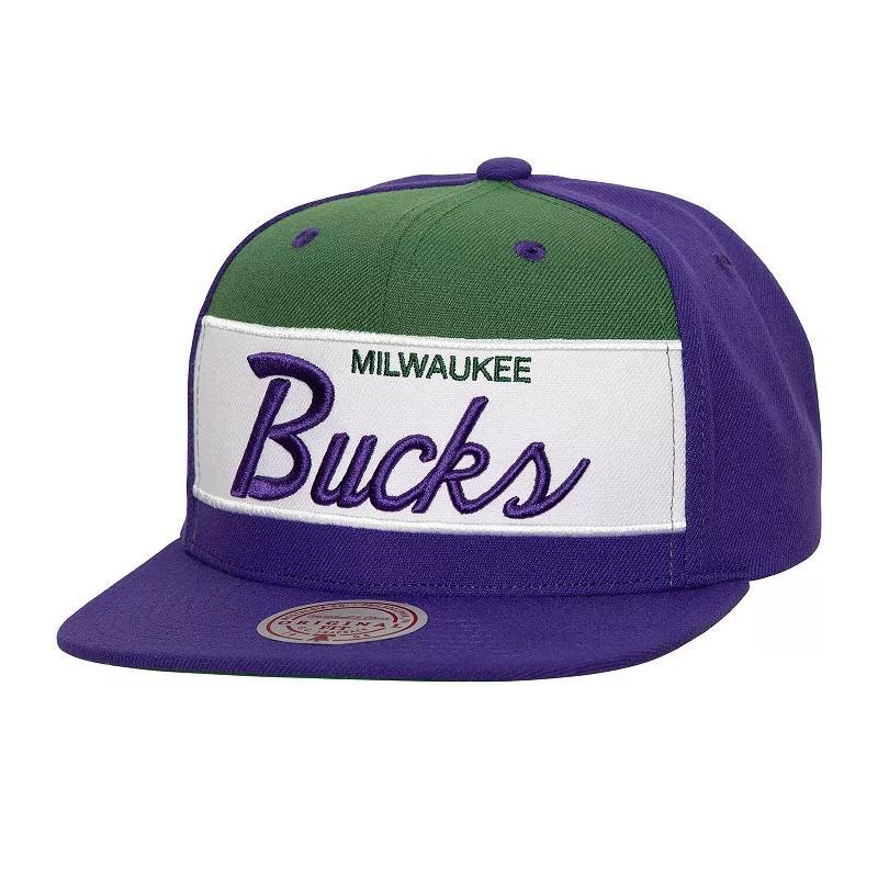 Mens Mitchell & Ness /Purple Milwaukee Bucks Retro Sport Color Block Script Snapback Hat Product Image