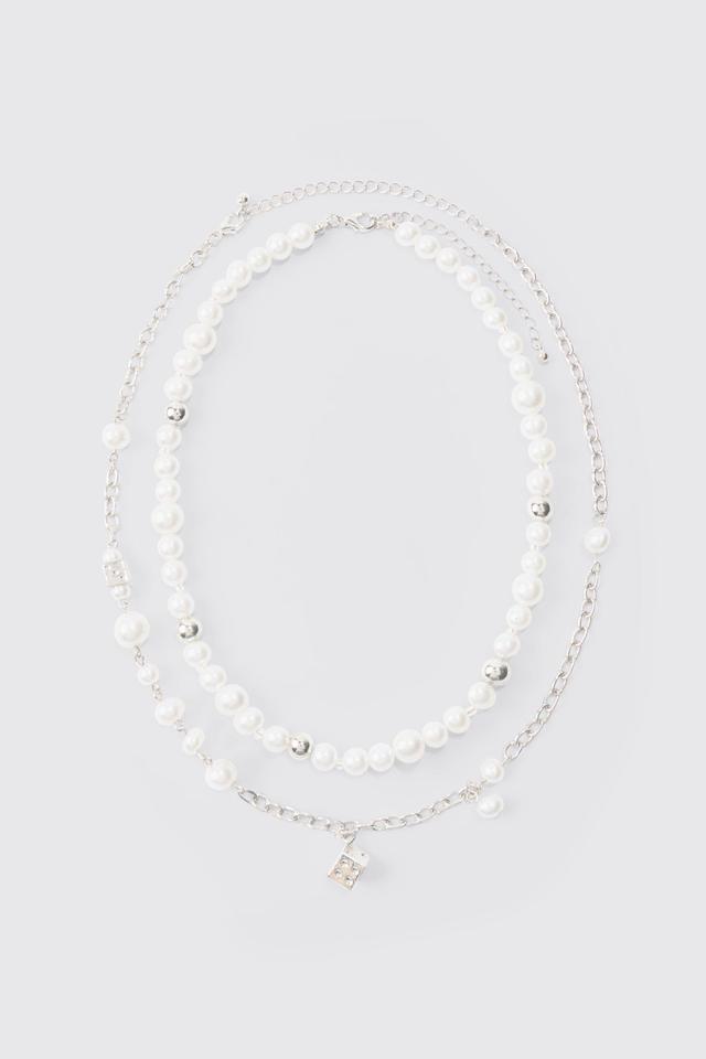 Dice And Parel Double Layer Necklace In White | boohooMAN USA Product Image