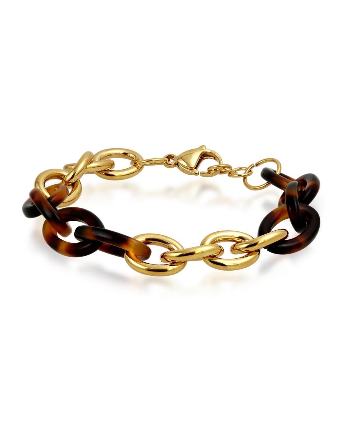 Bling Jewelry Fashion Statement Golden Acrylic Marbled Leopard Tortoise Shell Oval Chain Link Bracelet For Women Yellow Gold Plated Stainless St Product Image