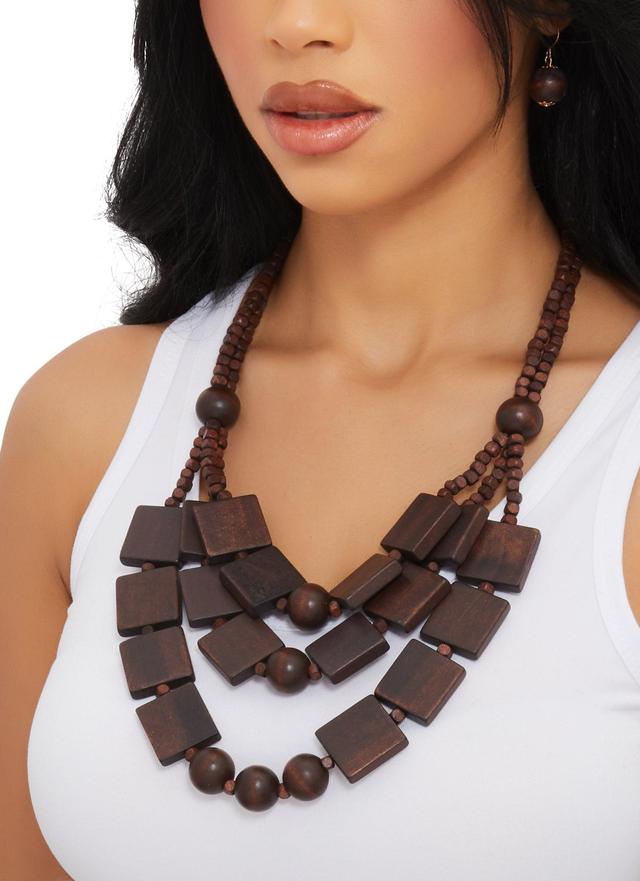 Wood Beaded Layered Necklace and Drop Earrings Female Product Image