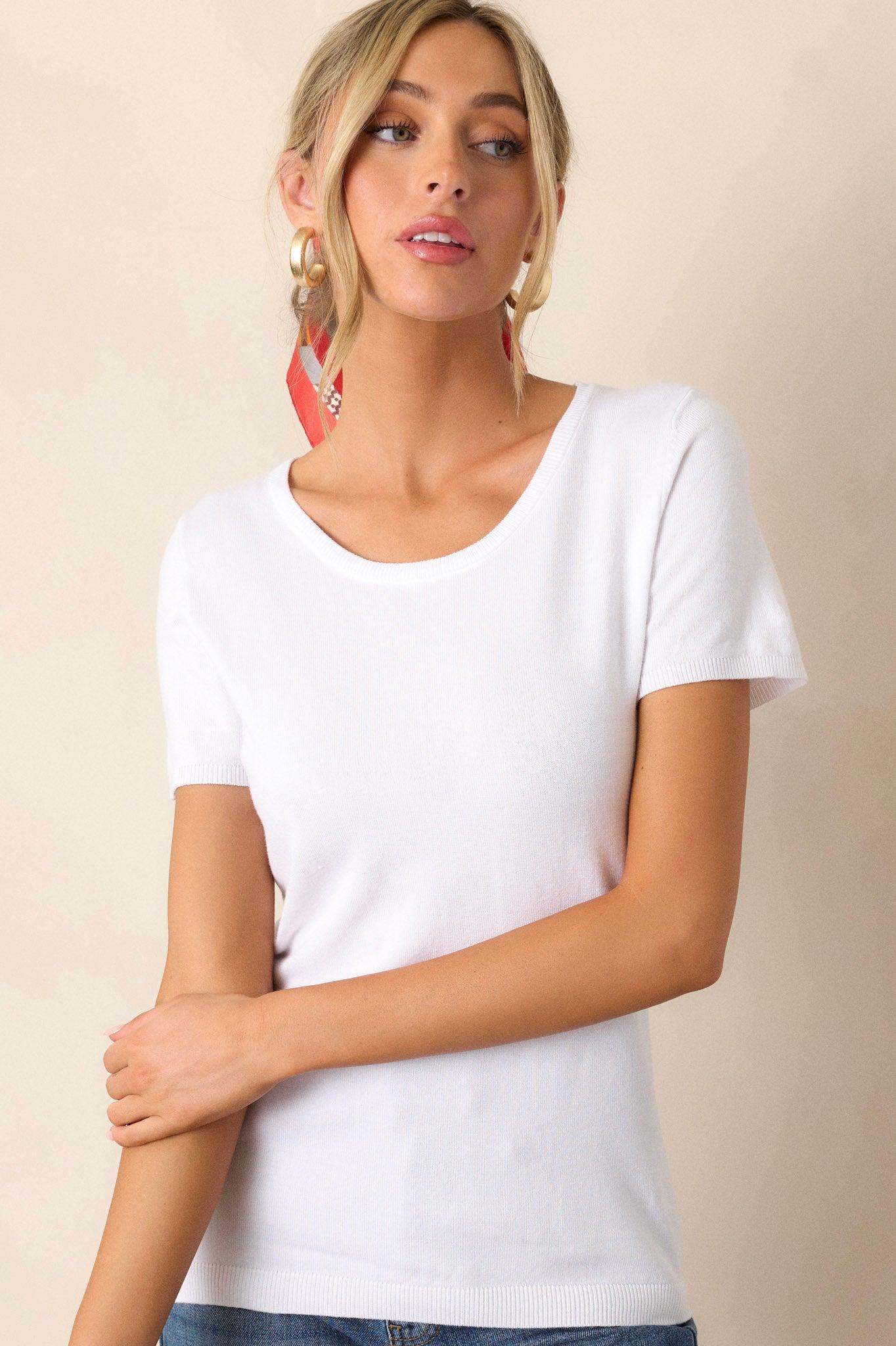 Cross Your Mind White Short Sleeve Sweater Top Product Image