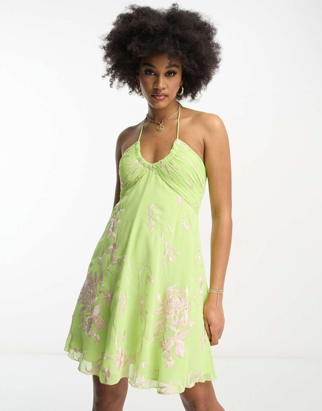 ASOS DESIGN Tall ruched bust embroidered chiffon mini dress with halter neck Product Image