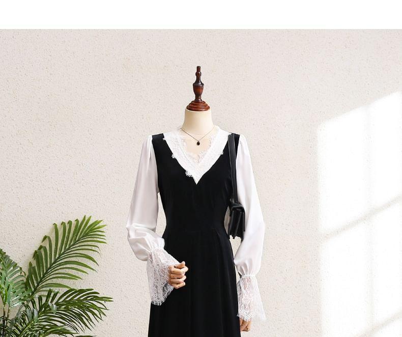 Long Sleeve V-Neck Mock Two Piece Lace Panel Velvet Midi A-Line Dress Product Image