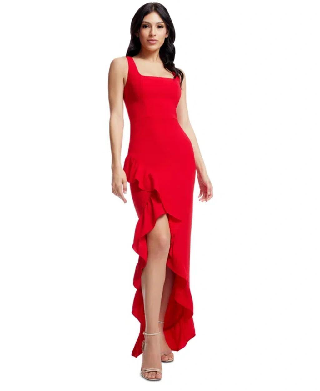 DRESS THE POPULATION Women's Charlene Ruffled High-low Gown In Rouge Product Image