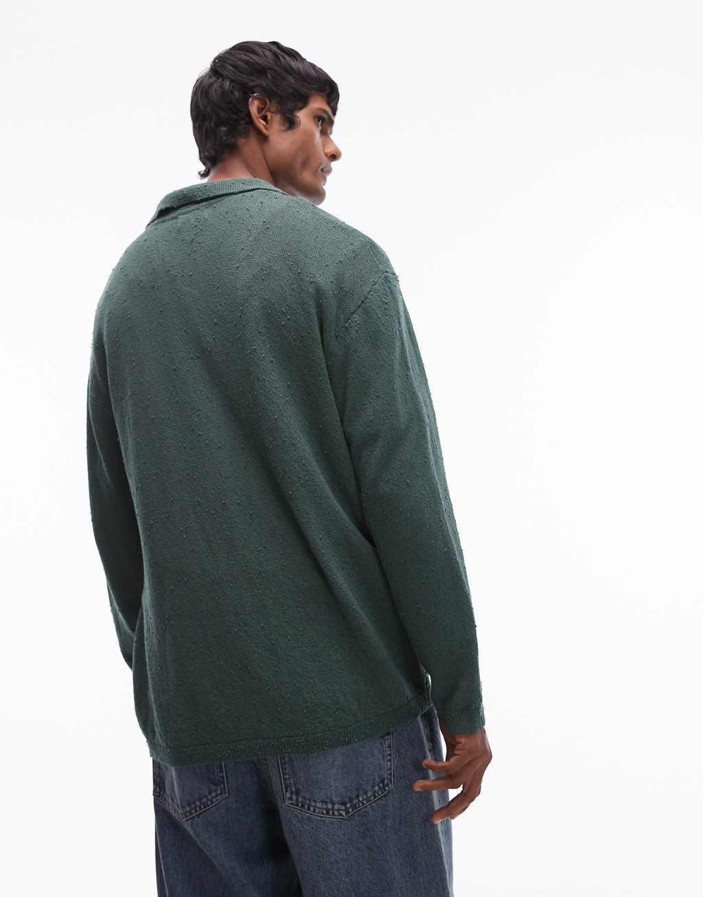 Topman relaxed fit knitted textured button through shirt in green Product Image