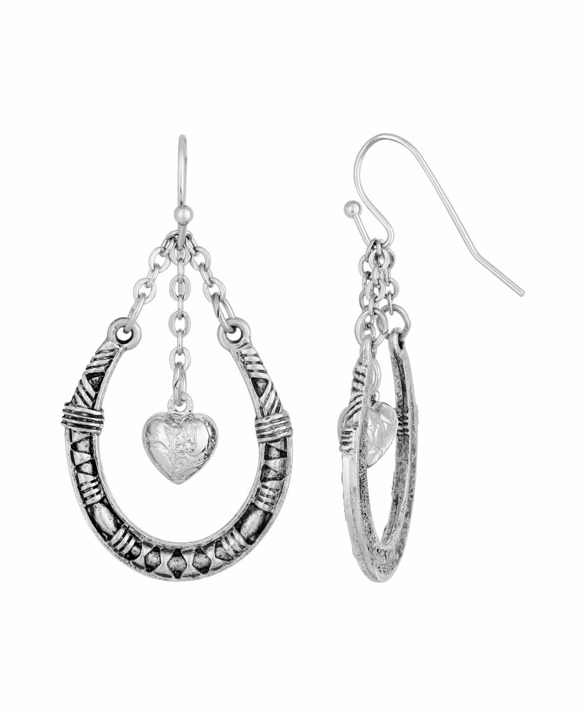 1928 Silver Tone Pewter Horseshoe with Hanging Heart Earrings, Womens, Grey Product Image