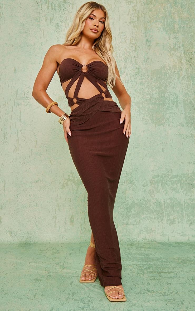 Chocolate Textured Woven Ring Detail Cut Out Bandeau Maxi Dress Product Image