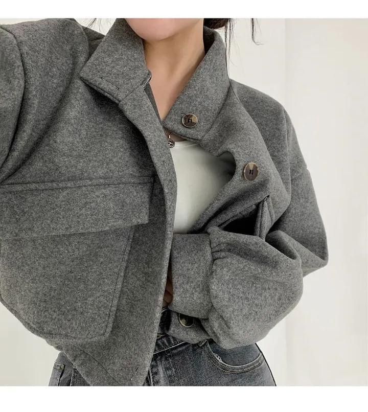 Stand Collar Plain Button-Up Crop Jacket Product Image