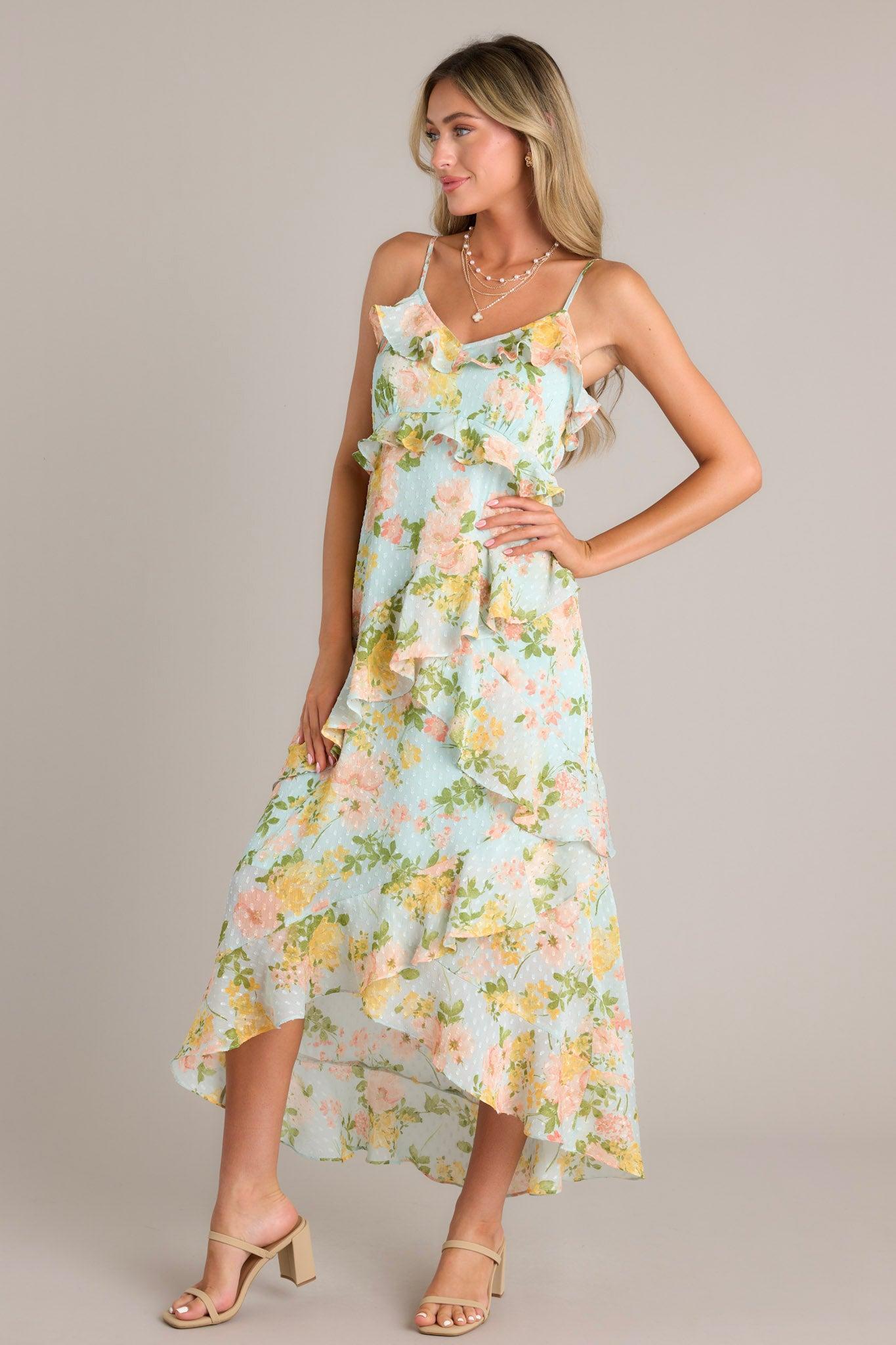 Blossom In Time Blue Multi Floral Ruffle Tiered Midi Dress Product Image