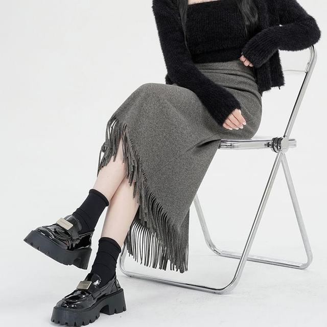 High Rise Plain Fringed Midi A-Line Skirt Product Image