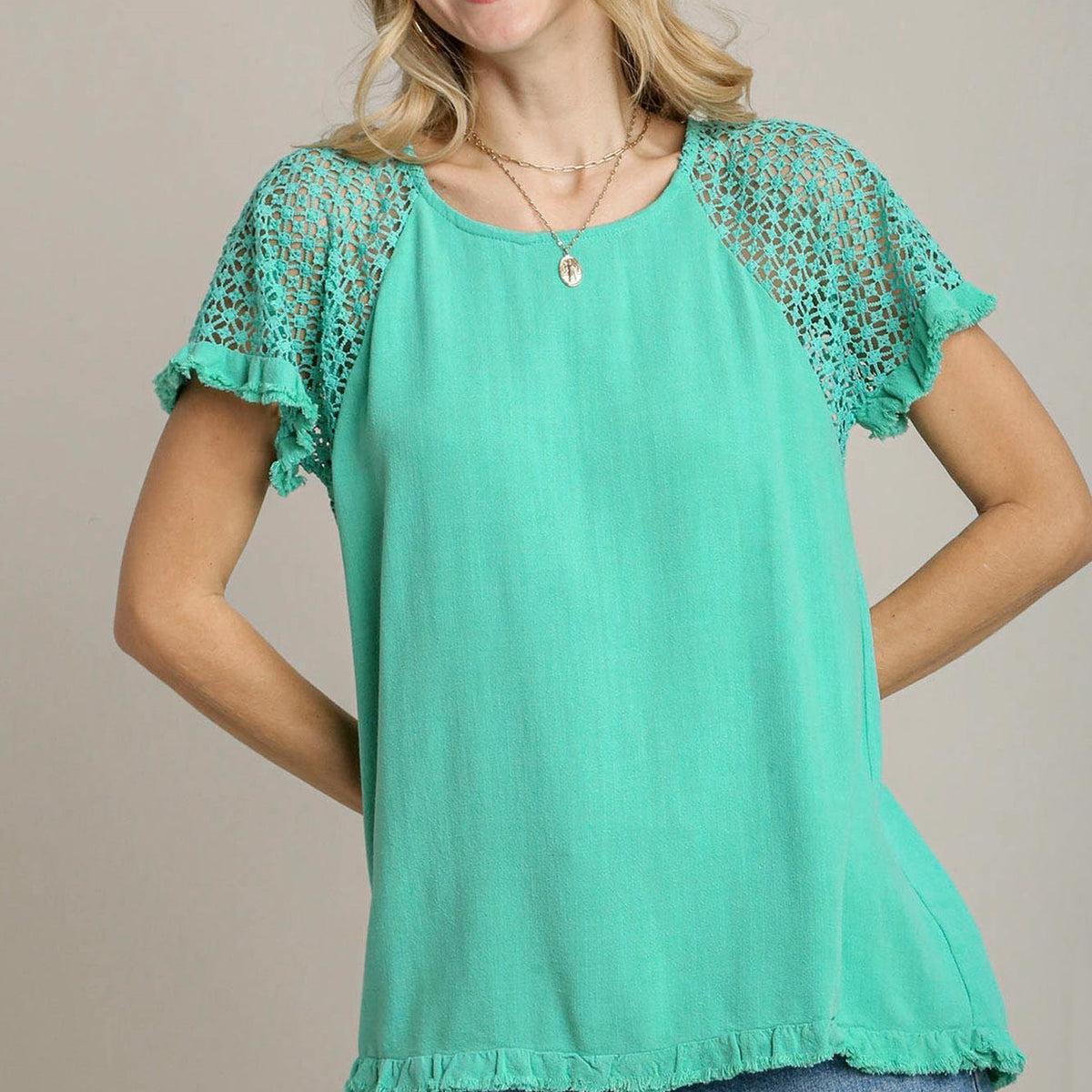 Linen Blend Floral Crochet Detailed Short Sleeve Round Neck Top Product Image