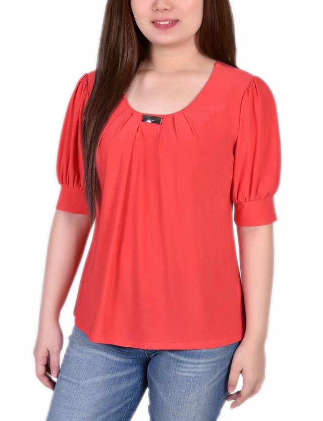 Short Sleeve Balloon Sleeve Top With Hardware - Petite Product Image