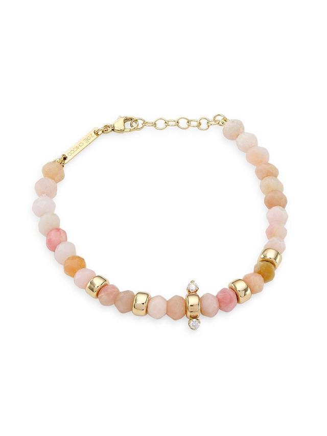 Womens 14K Yellow Gold, Pink Opal, & Diamond Beaded Bracelet Product Image