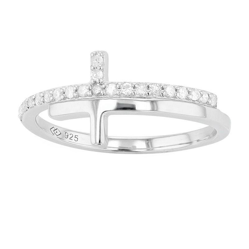 Sterling Silver 1/6 Carat T.W. Diamond Sideways Cross Ring, Womens White Product Image