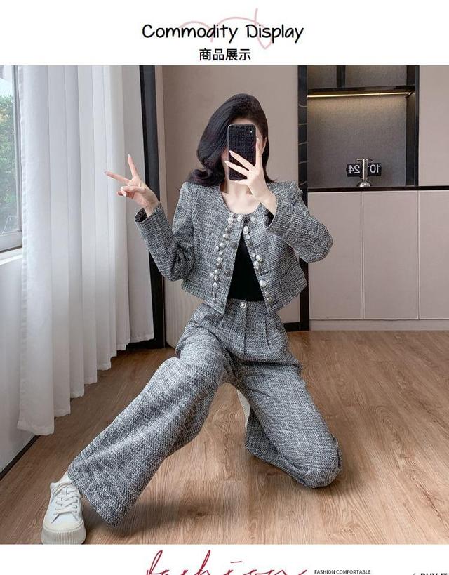 Set: Round Neck Beaded Tweed Button Jacket + High Waist Wide Leg Pants Product Image