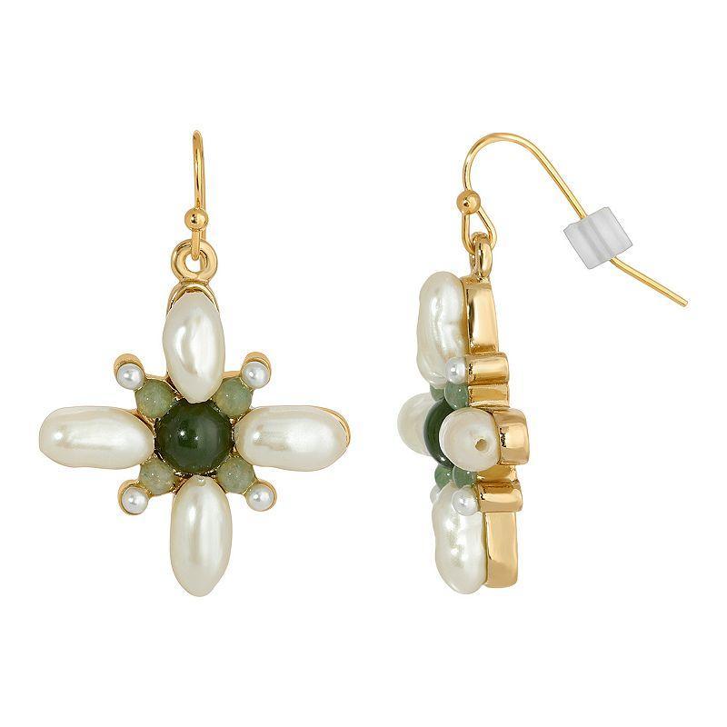 1928 Jewelry Gold Tone Faux Pearl And Aventurine Drop Earrings Product Image