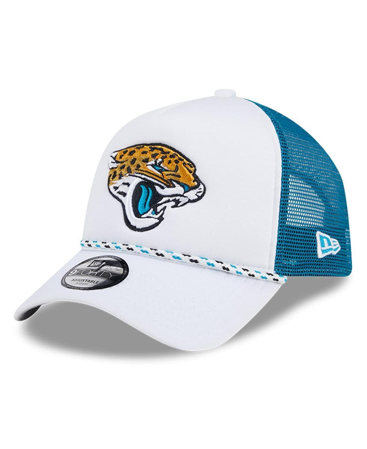 Mens New Era White/Teal Jacksonville Jaguars Court Sport Foam Front A-Frame 9FORTY Adjustable Trucker Hat Product Image