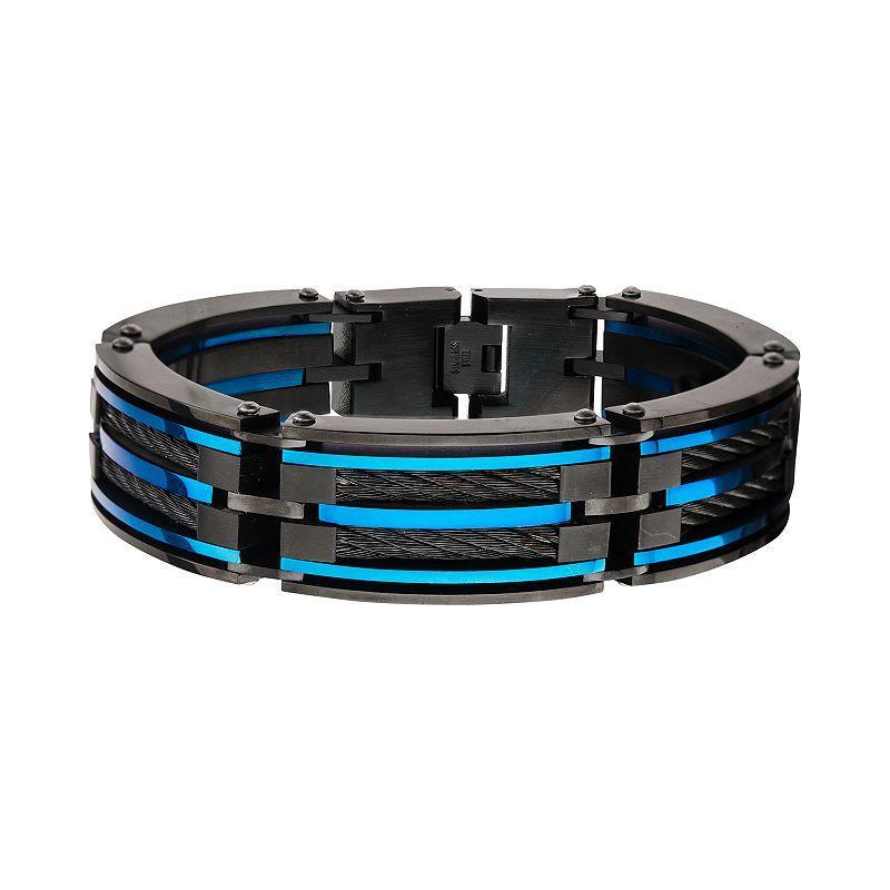 Mens Black & Blue Stainless Steel Wide Cable Link Bracelet Multicolor Product Image