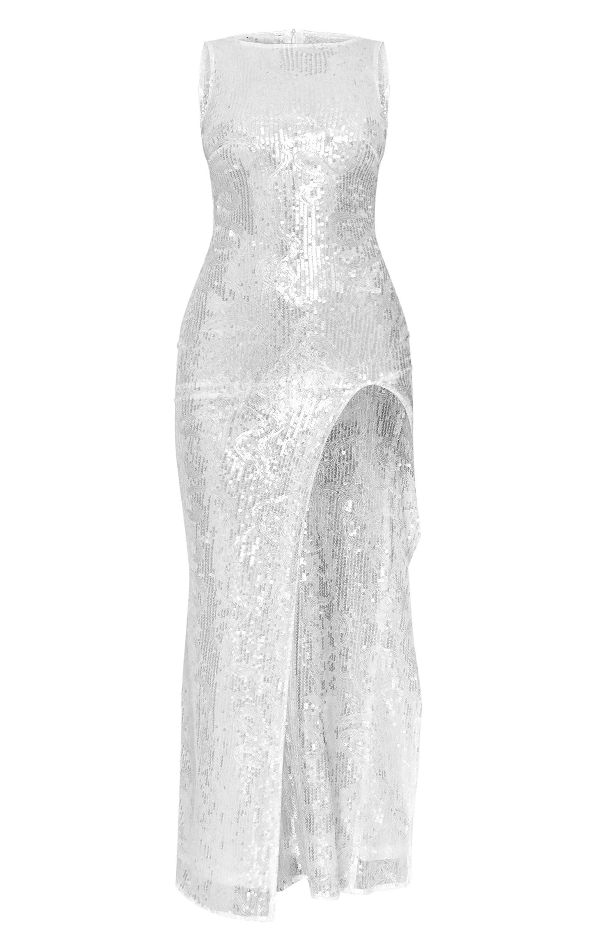 White Textured Sequin Racer Neck Maxi Dress Product Image