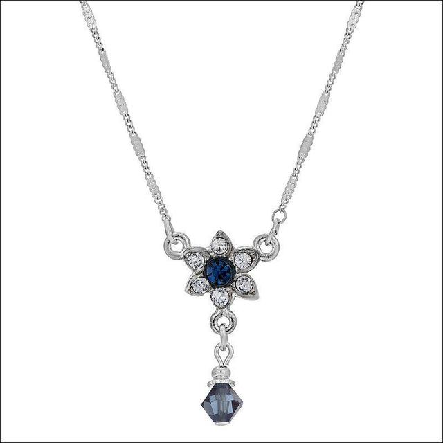 1928 Silver Tone Blue & Clear Crystal Flower Drop Necklace, Womens Product Image