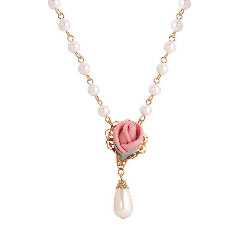 1928 Gold Tone Flower with Simulated Pearl Drop Necklace, Womens, Pink Product Image