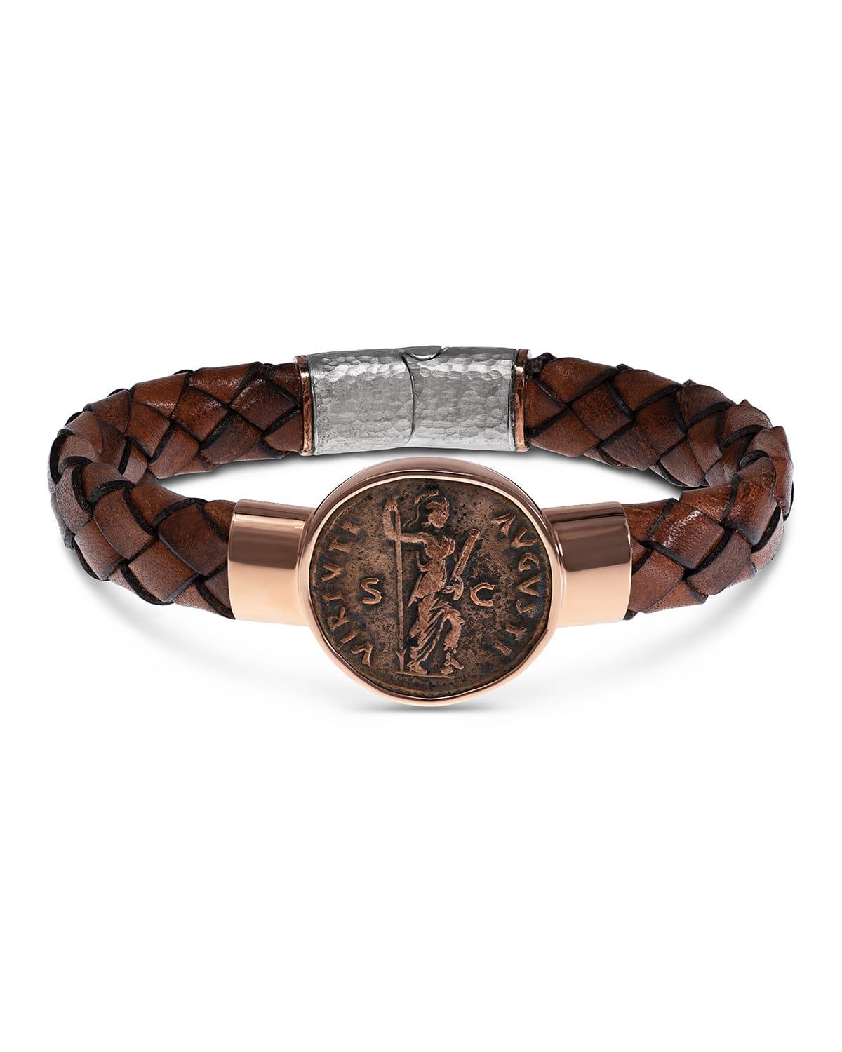 Mens Ancient Virtus Coin Braided Leather Bracelet Product Image