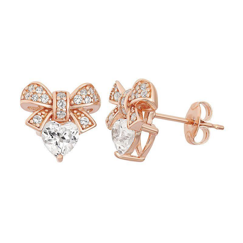 Lab-Created White Sapphire 18k Rose Gold Over Silver Bow & Heart Stud Earrings, Womens Product Image