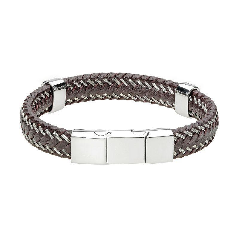 Mens LYNX Stainless Steel & Braided Leather Bracelet, Mens Black Product Image