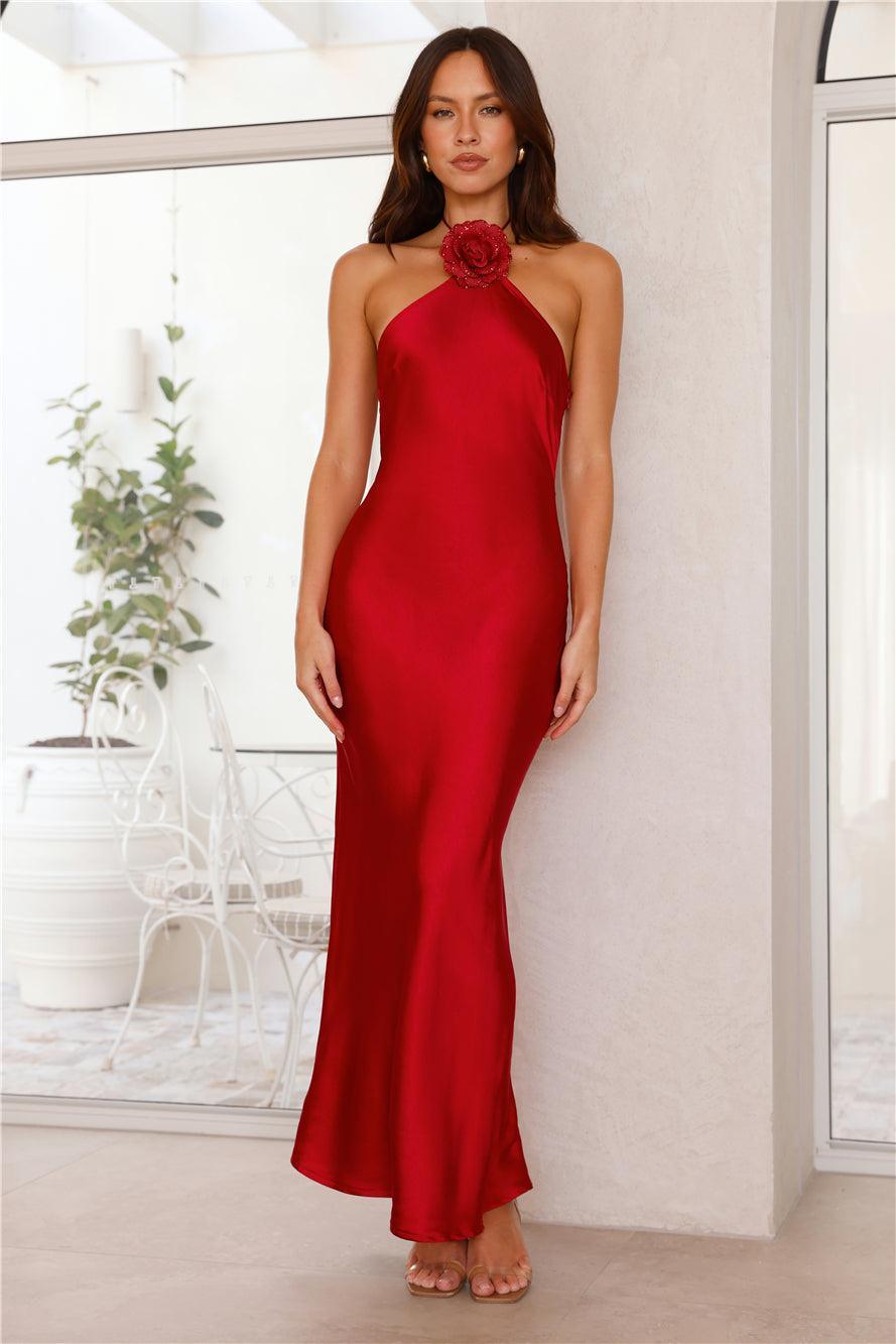 Admired By All Satin Halter Maxi Dress Red Product Image