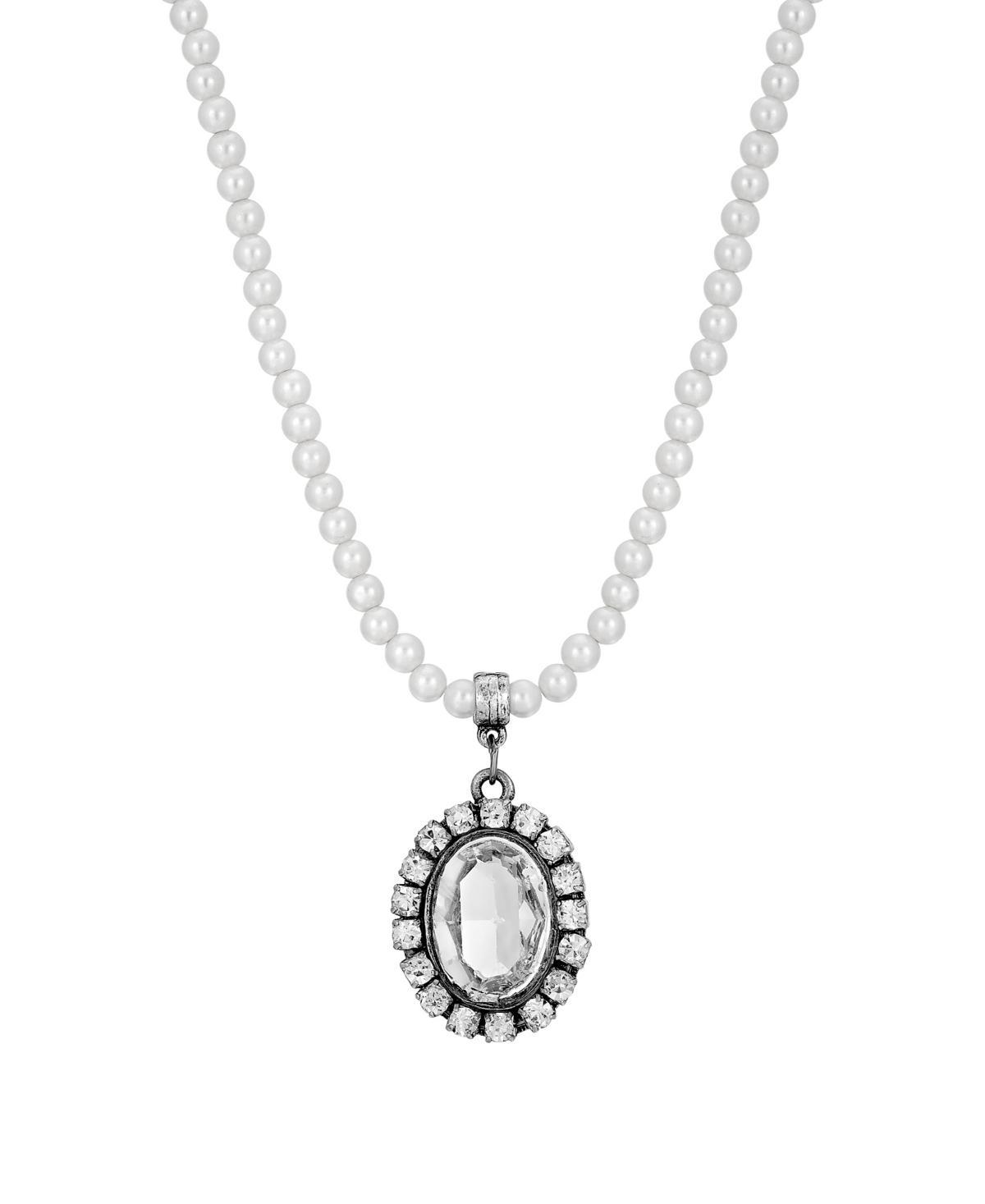 1928 Silver Tone Simulated Pearl Oval Halo Pendant Necklace, Womens, White Product Image