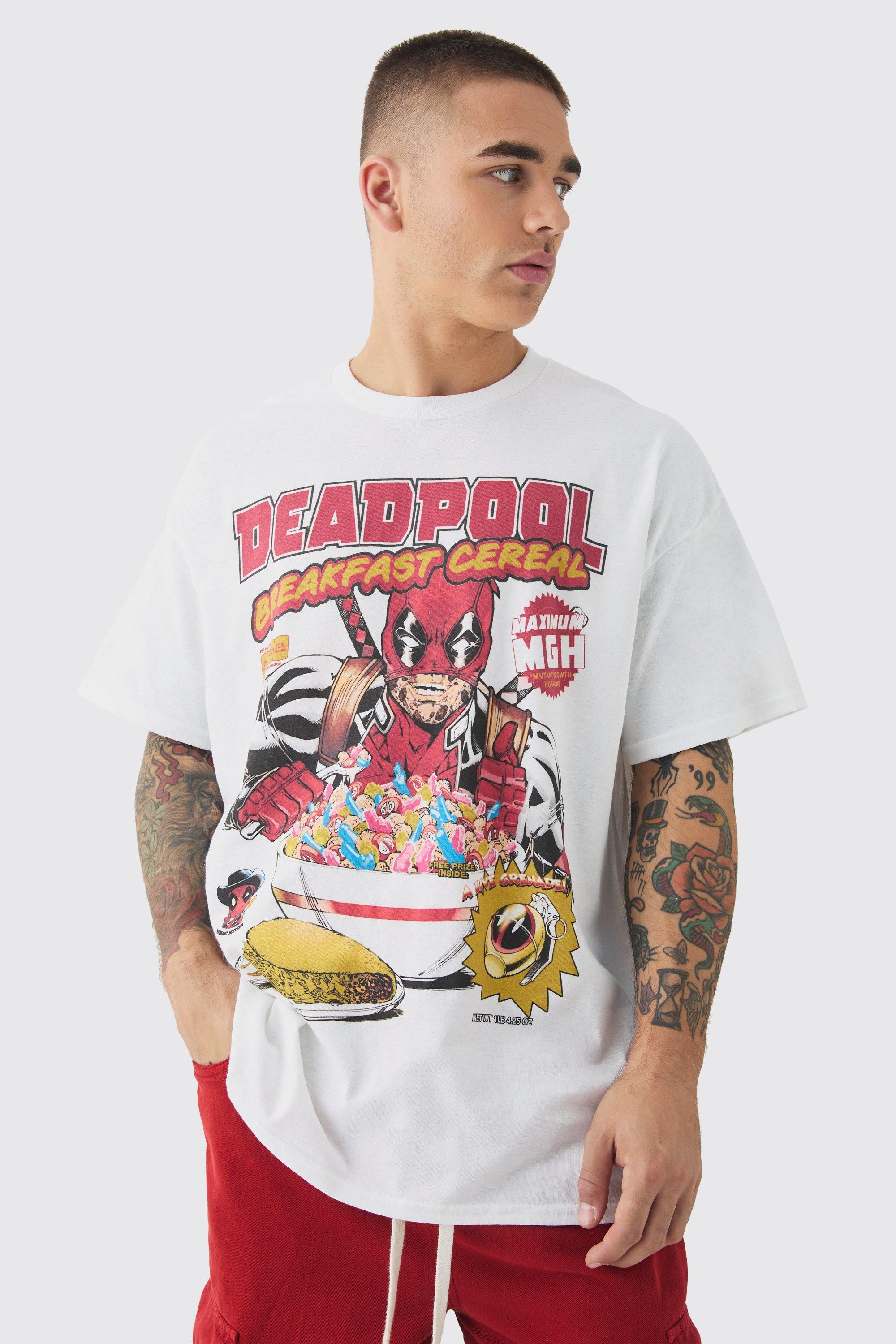 Mens White Oversized Deadpool Cereal License Print T-shirt, White Product Image