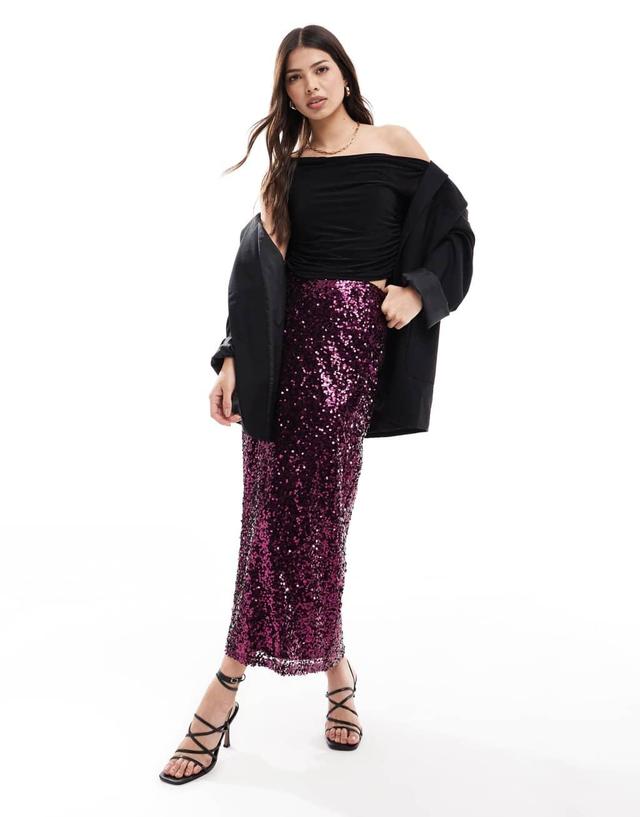 ASOS DESIGN sequin maxi skirt in burgundy Product Image