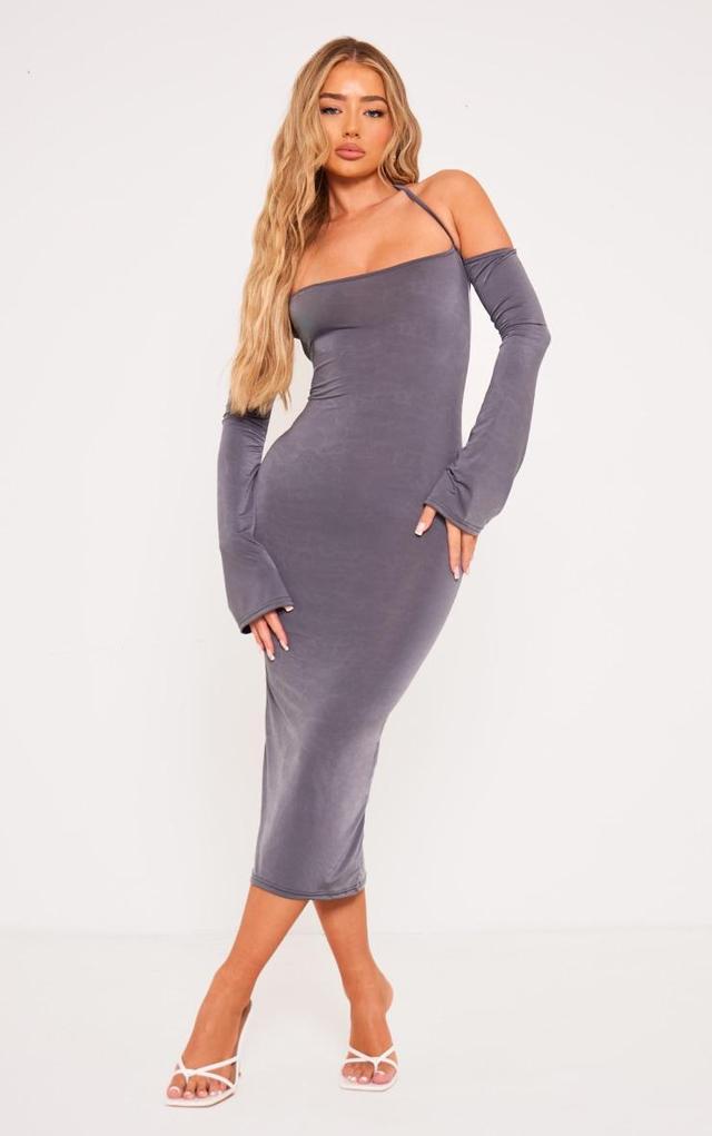 Charcoal Slinky Bardot Tie Neck Midi Dress Product Image