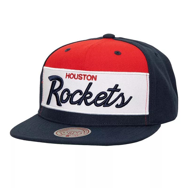 Mens Mitchell & Ness /Navy Houston Rockets Retro Sport Color Block Script Snapback Hat Product Image