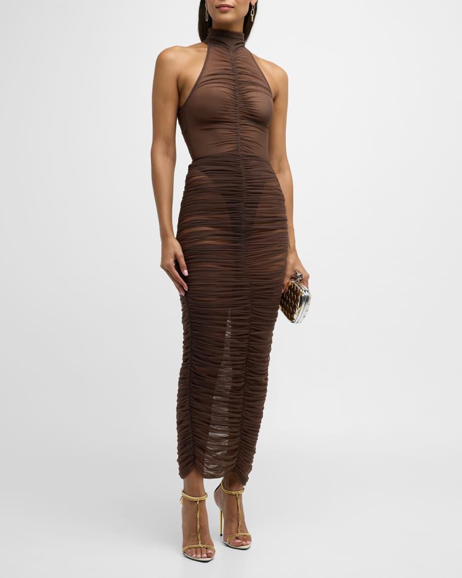 Turtleneck Ruched Mesh Sleeveless Maxi Dress Product Image