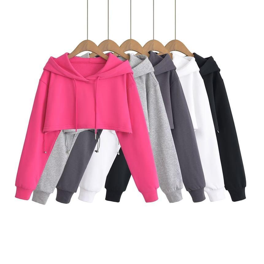 Long-Sleeve Plain Drawstring Crop Hoodie Product Image