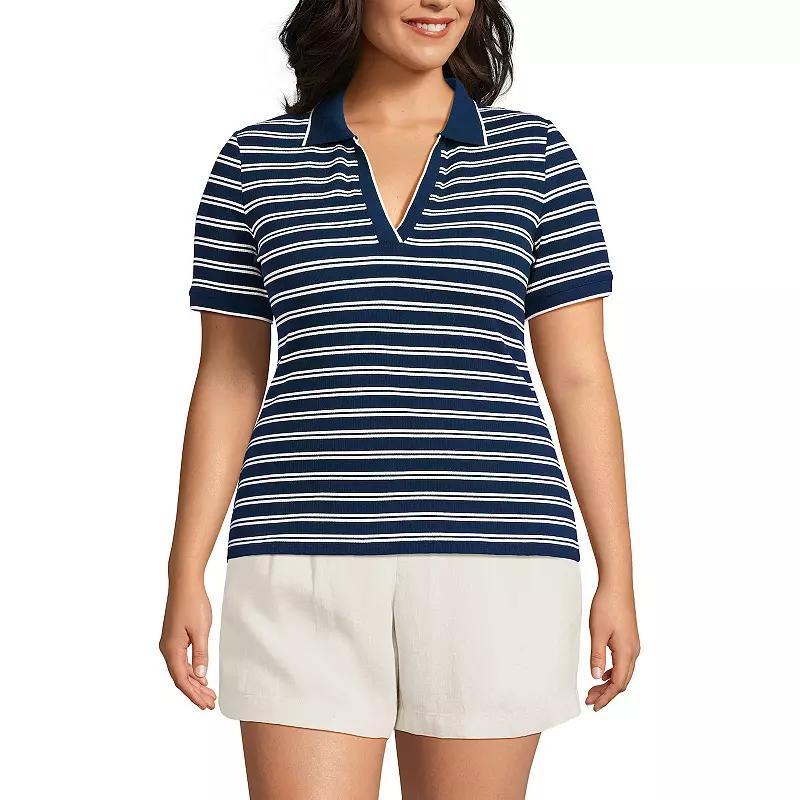 Plus Size Lands End Short Sleeve Ribbed Polo, Womens Blue Dual Stripe Product Image