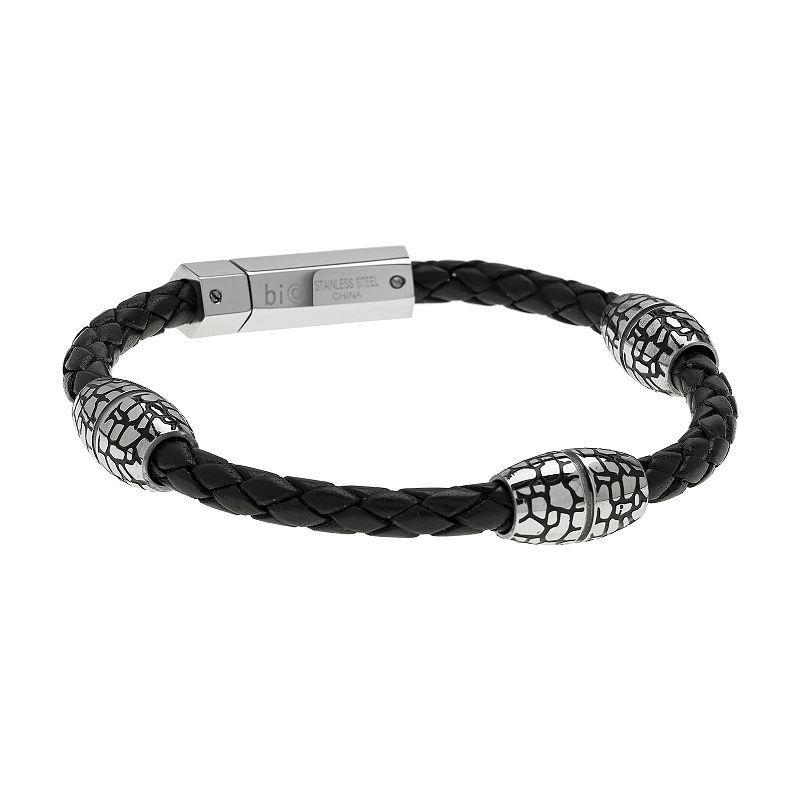 Mens LYNX Black Ion-Plated Stainless Steel & Black Leather Bracelet Product Image