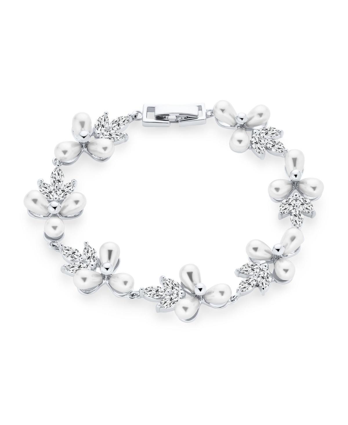 Bling Jewelry Multi Flowers Cz Leaf White Freshwater Cultured Pearl Bracelet For Women 7 Inch Product Image