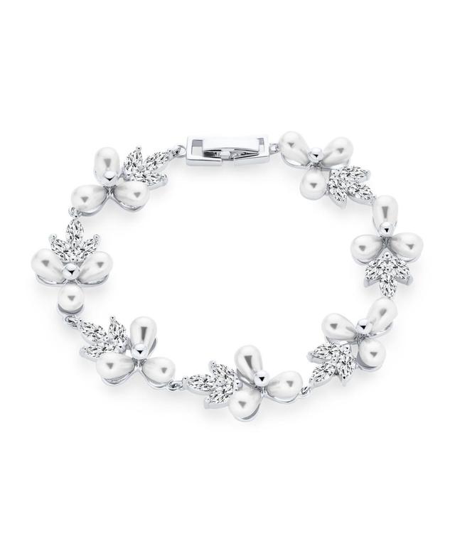 Bling Jewelry Multi Flowers Cz Leaf White Freshwater Cultured Pearl Bracelet For Women 7 Inch Product Image