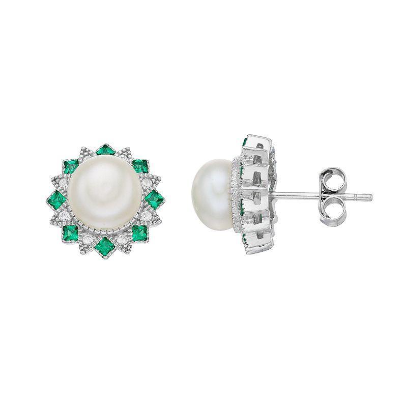 Sterling Silver Freshwater Cultured Pearl, Lab-Created Green Spinel & White Sapphire Stud Earrings, Womens Product Image