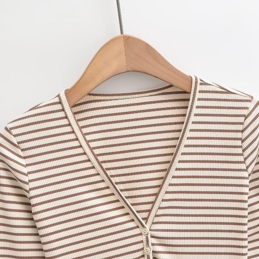 Long-Sleeve V-Neck Striped Tee Product Image