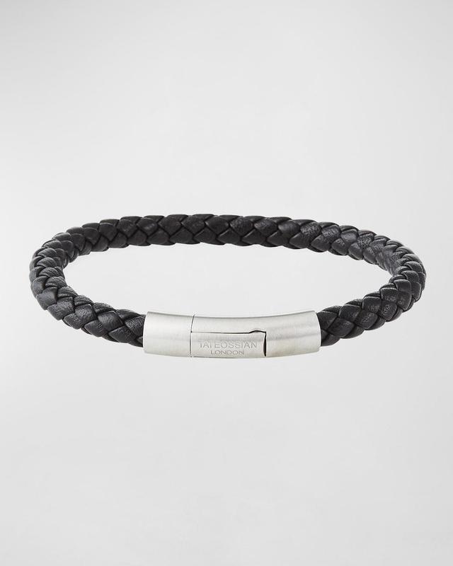 Mens Sterling Silver & Leather Basketweave Bracelet Product Image