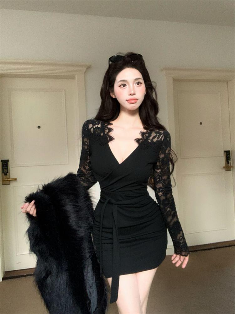 Lace-Panel V-Neck Bodycon Mini Dress with Sash Product Image