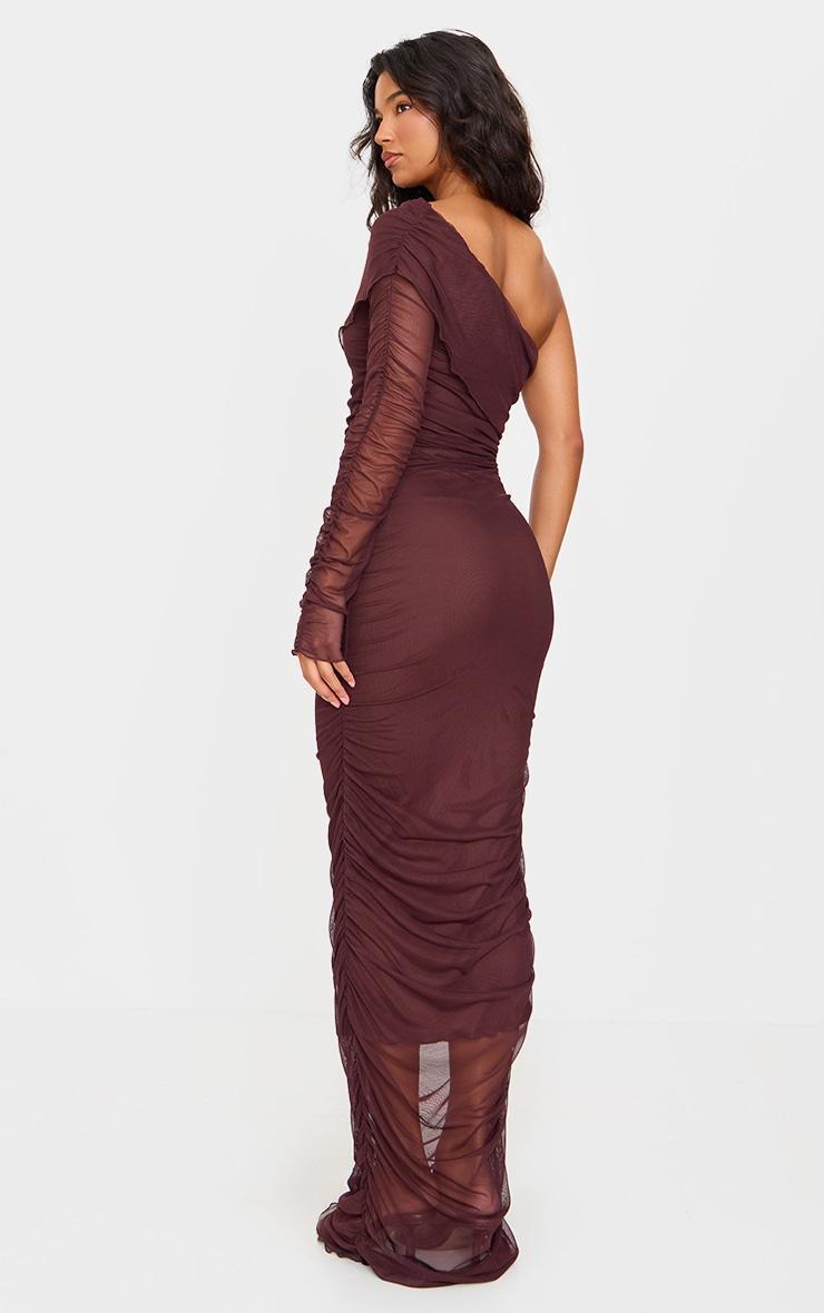 Chocolate Mesh Bardot One Sleeve Maxi Dress Product Image