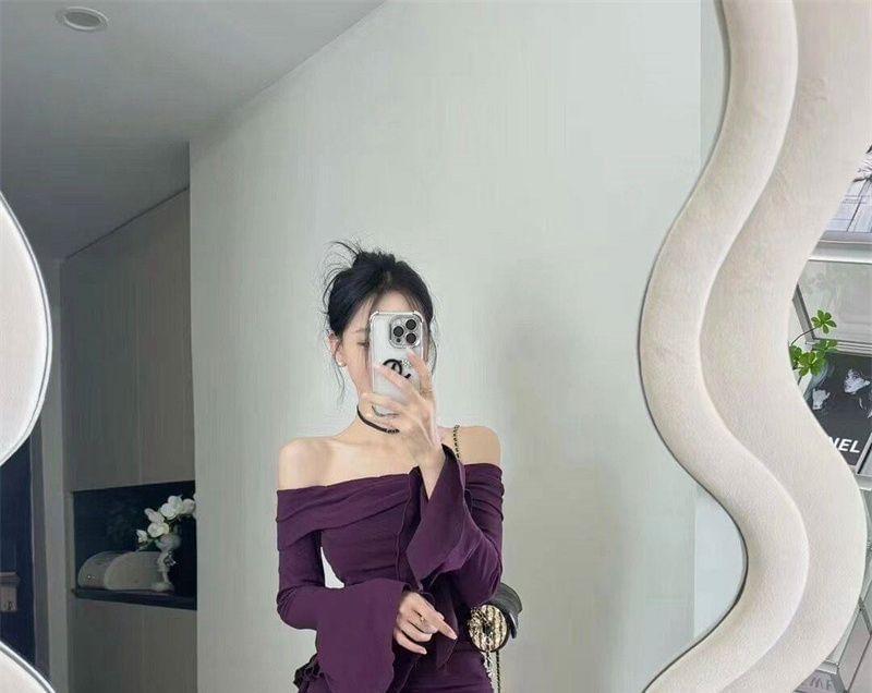 Flared-Sleeve Off-Shoulder Plain Ruched Mini Bodycon Dress Product Image