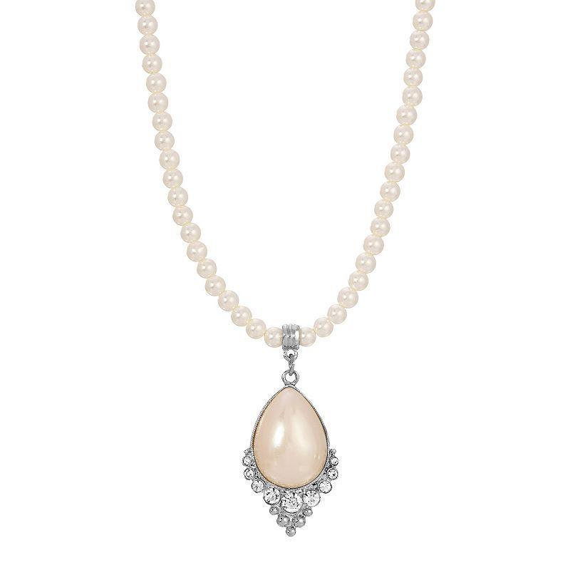 1928 Silver Tone Simulated Crystal and Pearl Teardrop Necklace, Womens, White Product Image