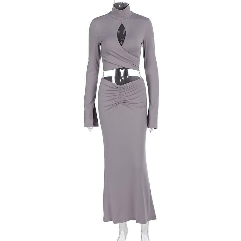 Set: Long-Sleeve Mock Neck Plain Cutout Crop Slim Fit Tee + Mid Rise Ruched Maxi Pencil Skirt Product Image